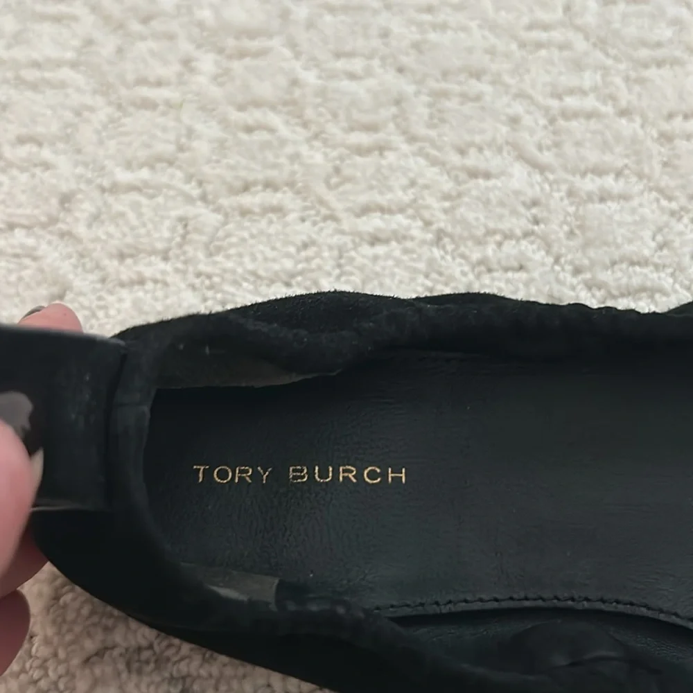 Tory Burch Black Crystal Bow Suede Ballet Flats